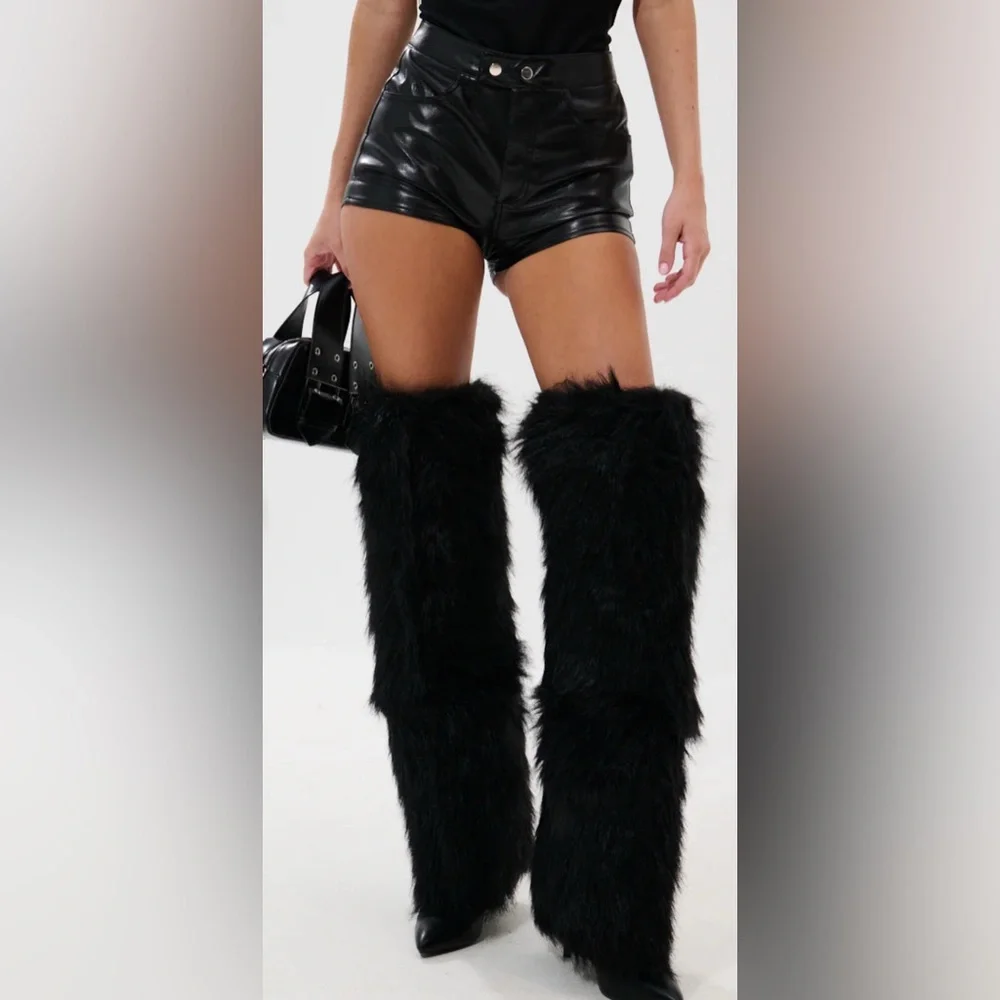 AZALEA WANG Langleye Black Faux Fur Over The Knee Stiletto Boots 6.5